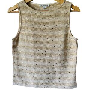 St. John Knit Vest Gold Metallic Stripe Neutral Pull Over Quiet Luxury Coastal